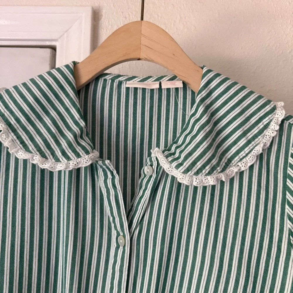 RACHEL ASHWELL green white striped cotton sailor Peter Pan cottage prairie top - Picture 4 of 7